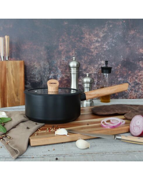 Couvercle en verre avec poignée en bois Ector  transparent/noir/bois - D.18 cm