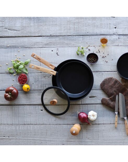 Couvercle en verre avec poignée en bois Ector  transparent/noir/bois - D.20 cm