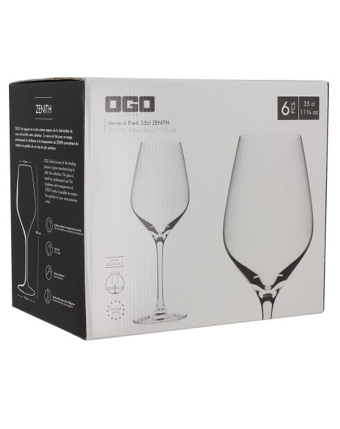 6 Verres à pied en cristallin Zenith transparents - 35 cl
