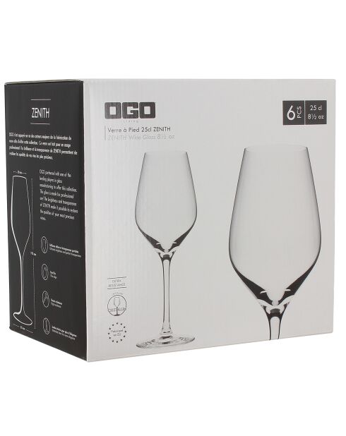 6 Verres à pied en cristallin Zenith transparents - 25 cl