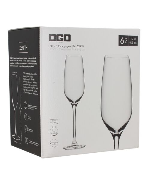 6 Flutes à champagne en cristallin Zenith transparentes - 19 cl