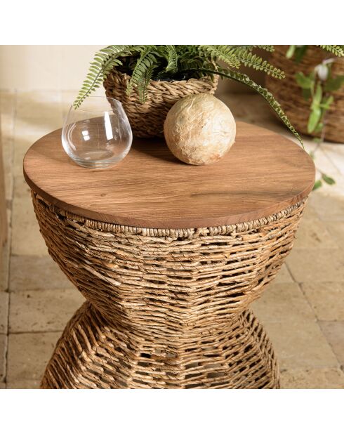 Tabouret beige assise amovible en bois de teck recyclé Sixtine bois - 41x41x46 cm