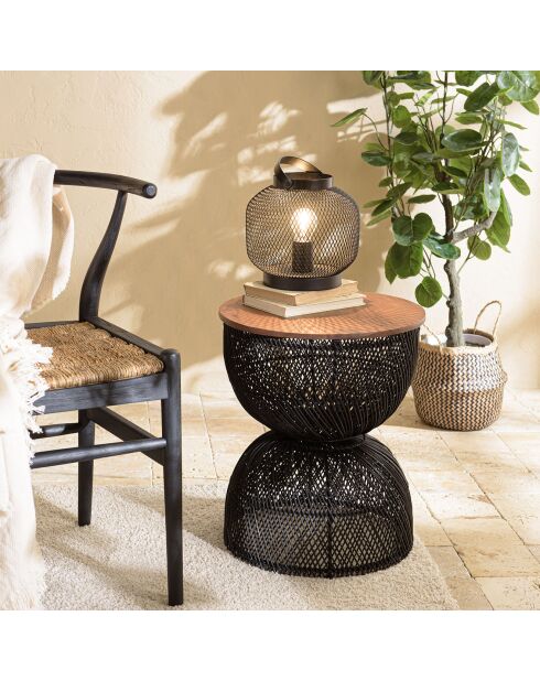 Table d'appoint en rotin noir plateau en bois de teck recyclé Sixtine bois/noir - 41x41x49 cm