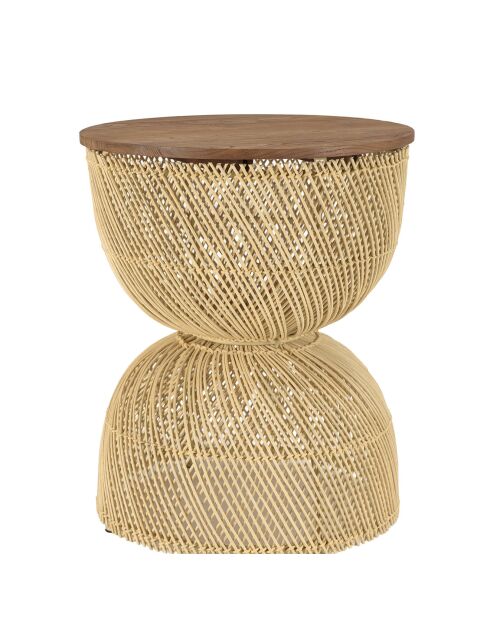Table d'appoint en rotin beige plateau en bois teck recyclé Sixtine naturel - 41x41x49 cm