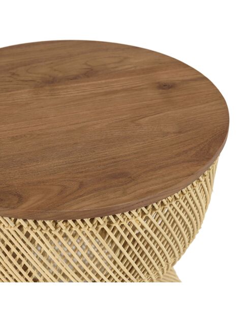 Table d'appoint en rotin beige plateau en bois teck recyclé Sixtine naturel - 41x41x49 cm
