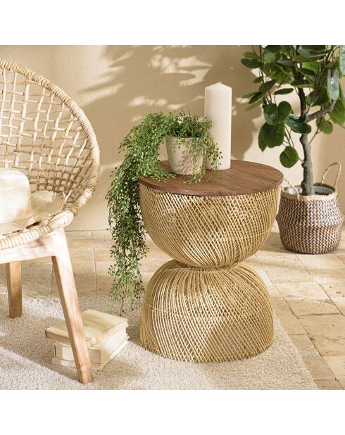 Table d'appoint en rotin beige plateau en bois teck recyclé Sixtine naturel - 41x41x49 cm
