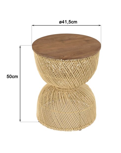 Table d'appoint en rotin beige plateau en bois teck recyclé Sixtine naturel - 41x41x49 cm