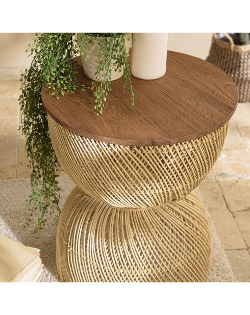 Table d'appoint en rotin beige plateau en bois teck recyclé Sixtine naturel - 41x41x49 cm