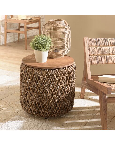 Table d'appoint ronde en tissage de fibre de cocotier Sixtine bois - 49x49x47 cm