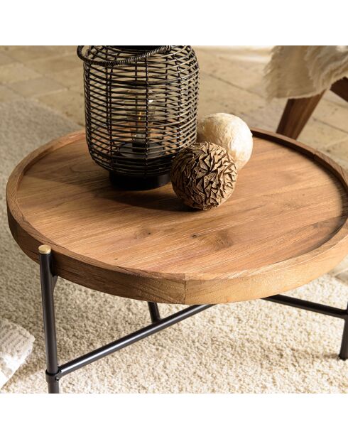 Runder Couchtisch mit sixtinischer recycelter Teakholzplatte aus Holz/Schwarz - D.58x30,5 cm