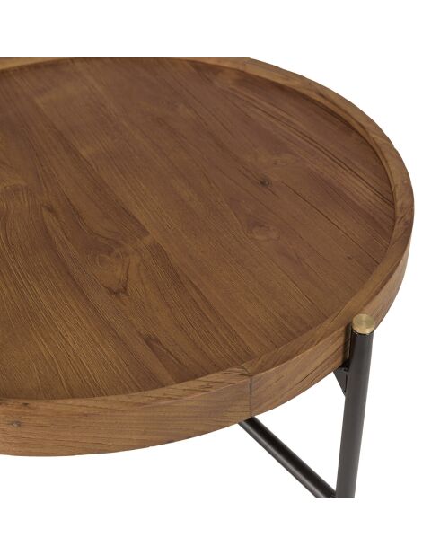 Table basse ronde plateau en teck recyclé Sixtine bois/noir - D.58x30.5 cm