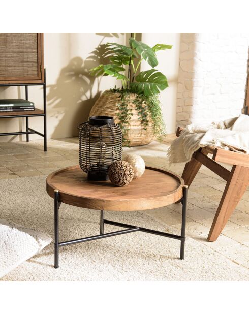 Runder Couchtisch mit sixtinischer recycelter Teakholzplatte aus Holz/Schwarz - D.58x30,5 cm