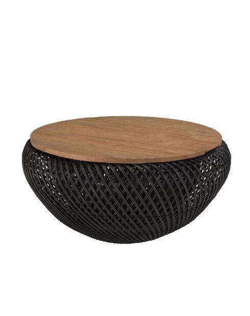 Table basse ronde en rotin noir plateau amovible Sixtine bois/noir - D.65x32 cm