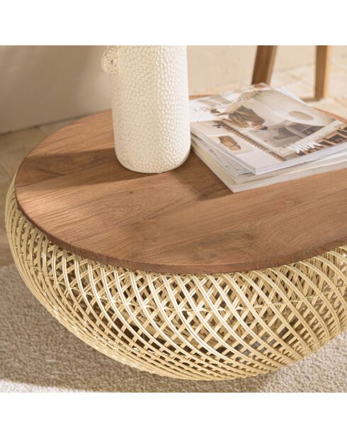 Table basse ronde en rotin beige plateau amovible Sixtine naturel - D.65x32 cm