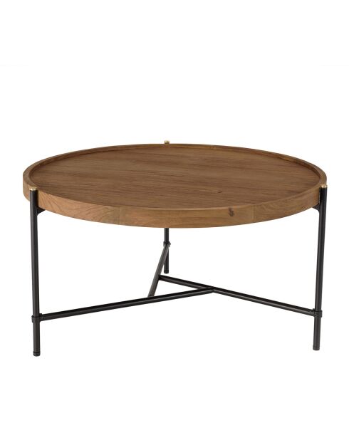 Table basse ronde plateau en bois de teck recyclé Sixtine bois/noir - D.78x40.5 cm