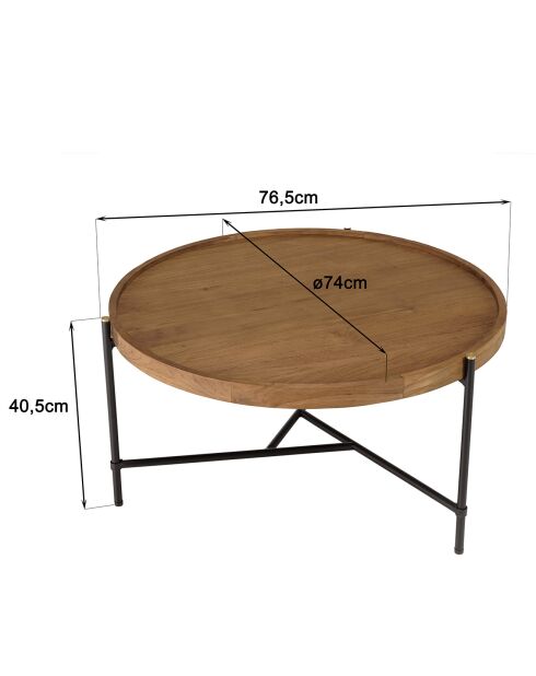 Table basse ronde plateau en bois de teck recyclé Sixtine bois/noir - D.78x40.5 cm