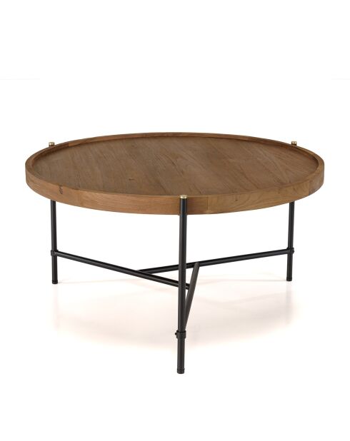 Table basse ronde plateau en bois de teck recyclé Sixtine bois/noir - D.78x40.5 cm