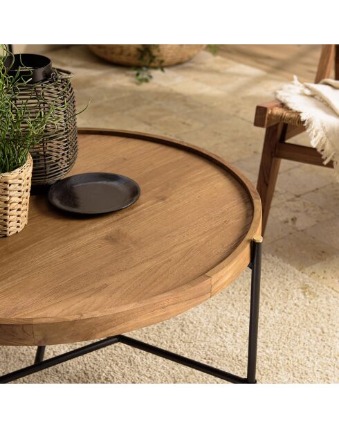 Table basse ronde plateau en bois de teck recyclé Sixtine bois/noir - D.78x40.5 cm