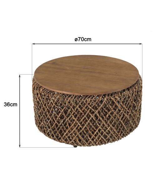 Table basse ronde en tissage de fibre de cocotier Sixtine bois - D.70x36 cm