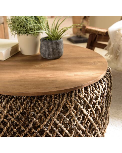 Table basse ronde en tissage de fibre de cocotier Sixtine bois - D.70x36 cm