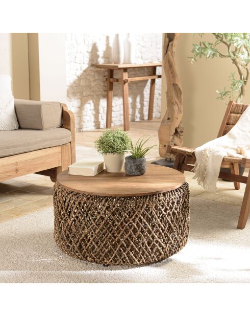 Table basse ronde en tissage de fibre de cocotier Sixtine bois - D.70x36 cm