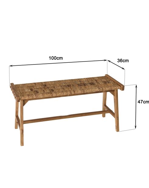 Banc assise en tissage d'abaca naturel Sixtine bois - 100x36x47 cm