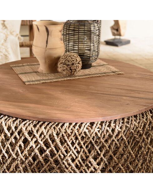 Table basse ronde en tissage de fibre de cocotier Sixtine bois - D.83x36 cm