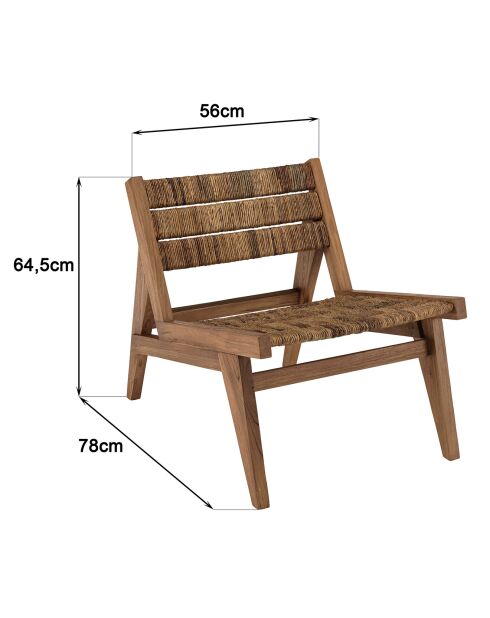 Fauteuil lounge en bois de teck recyclé assise en tissage Sixtine bois - 56x78x64.5 cm