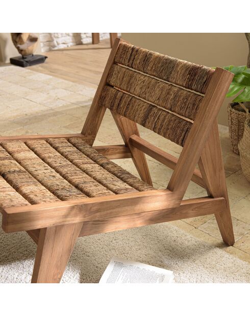 Fauteuil lounge en bois de teck recyclé assise en tissage Sixtine bois - 56x78x64.5 cm
