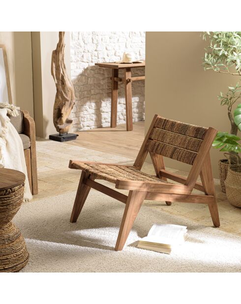 Fauteuil lounge en bois de teck recyclé assise en tissage Sixtine bois - 56x78x64.5 cm