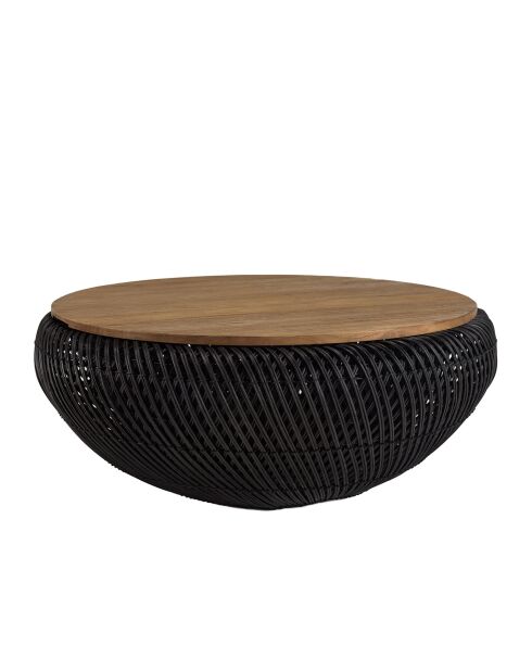 Table basse ronde en rotin noir plateau amovible Sixtine bois/noir - D.80x32 cm