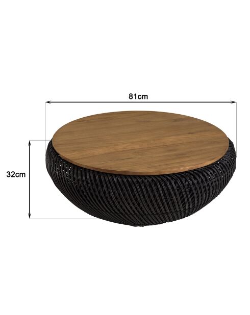 Table basse ronde en rotin noir plateau amovible Sixtine bois/noir - D.80x32 cm