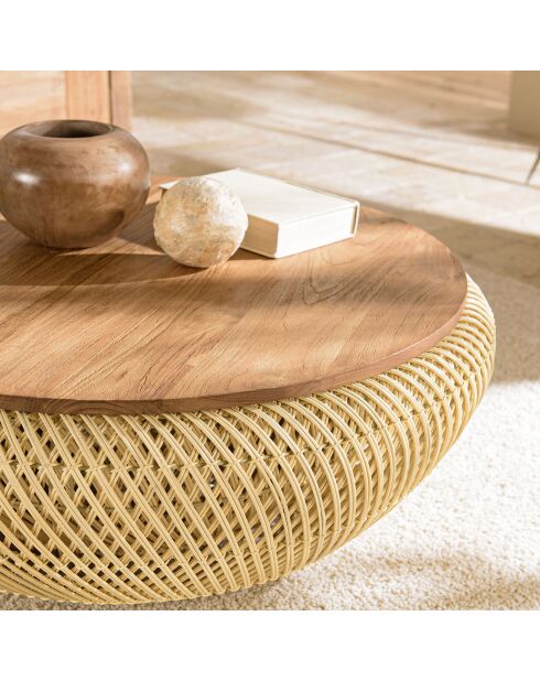 Table basse ronde en rotin beige plateau amovible Sixtine naturel - D.80x32 cm