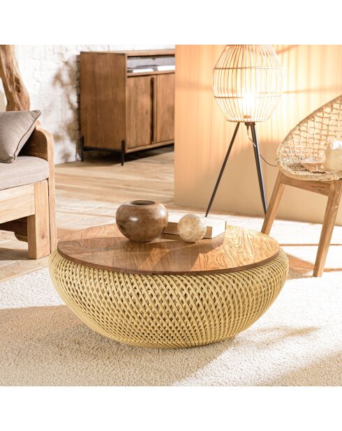 Table basse ronde en rotin beige plateau amovible Sixtine naturel - D.80x32 cm