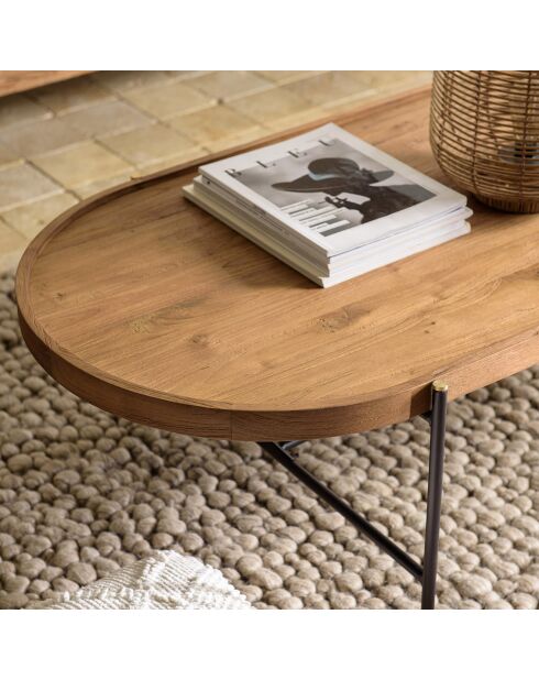 Table basse ovale plateau en bois de teck recyclé Sixtine bois/noir - 140x63x40 cm