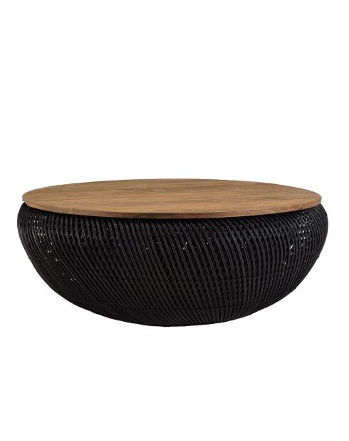 Table basse ronde en rotin noir plateau amovible Sixtine bois/noir - D.100x36 cm