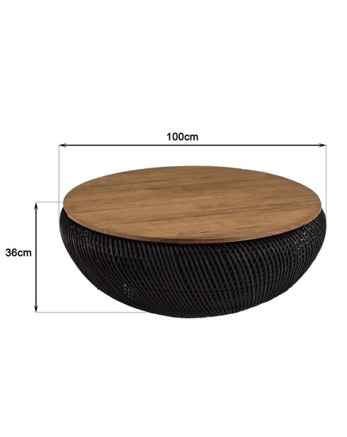 Table basse ronde en rotin noir plateau amovible Sixtine bois/noir - D.100x36 cm