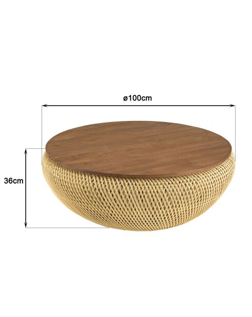 Table basse ronde en rotin beige plateau amovible Sixtine naturel - D.100x36 cm