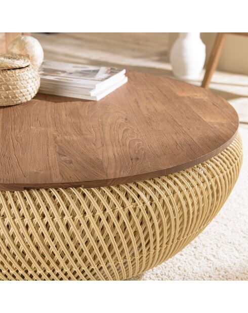 Table basse ronde en rotin beige plateau amovible Sixtine naturel - D.100x36 cm