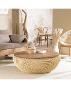 Table basse ronde en rotin beige plateau amovible Sixtine naturel - D.100x36 cm