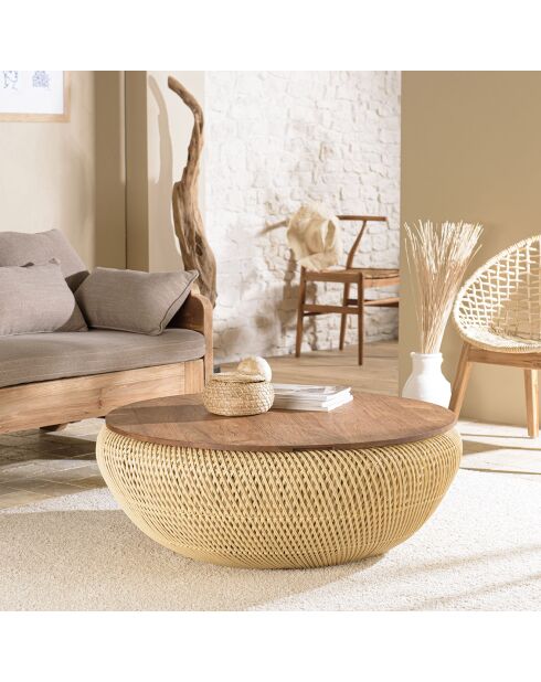 Table basse ronde en rotin beige plateau amovible Sixtine naturel - D.100x36 cm