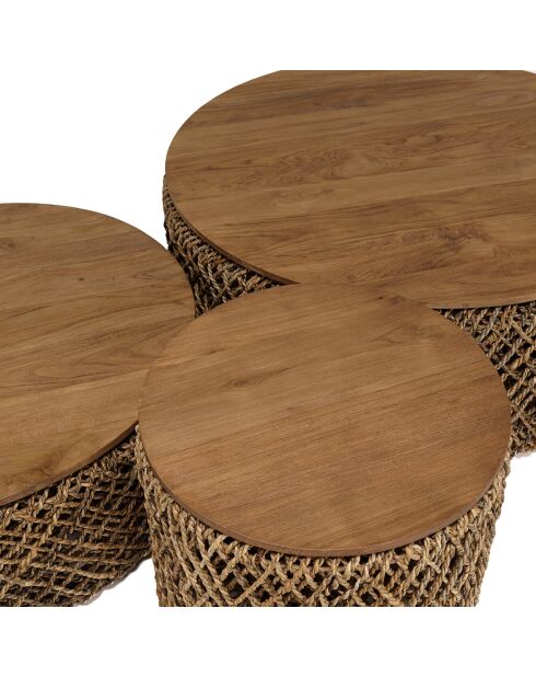 3 Tables basses rondes en tissage de fibre de cocotier Sixtine bois