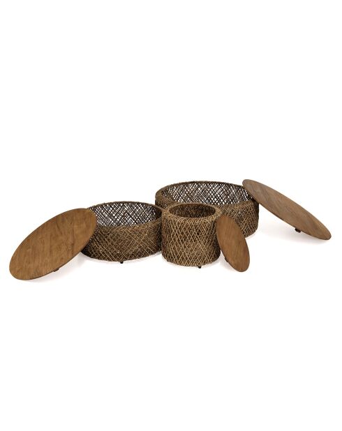 3 Tables basses rondes en tissage de fibre de cocotier Sixtine bois
