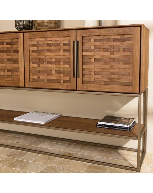 Buffet en bois de teck recyclé 4 portes en tissage de bambou Sixtine bois - 205.5x40x110.7 cm