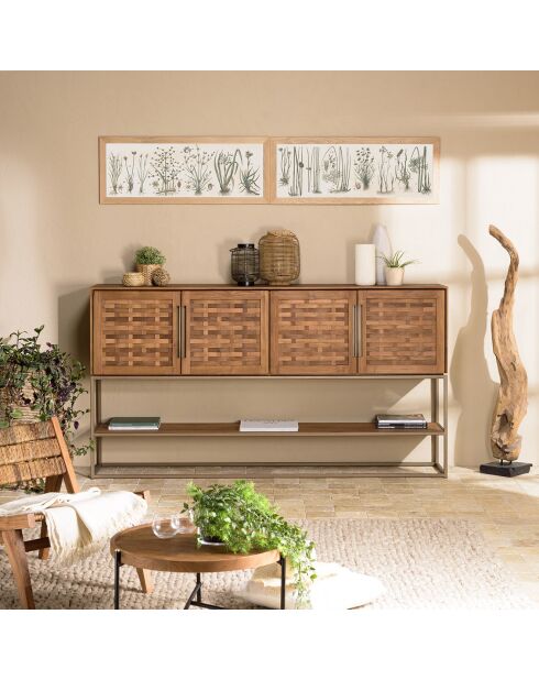 Buffet en bois de teck recyclé 4 portes en tissage de bambou Sixtine bois - 205.5x40x110.7 cm