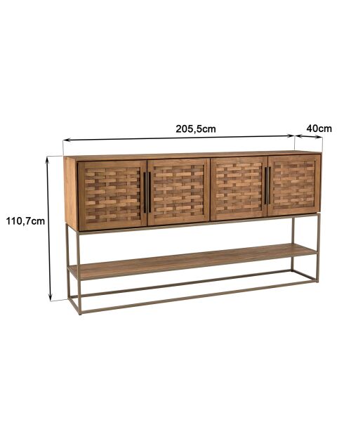 Buffet en bois de teck recyclé 4 portes en tissage de bambou Sixtine bois - 205.5x40x110.7 cm