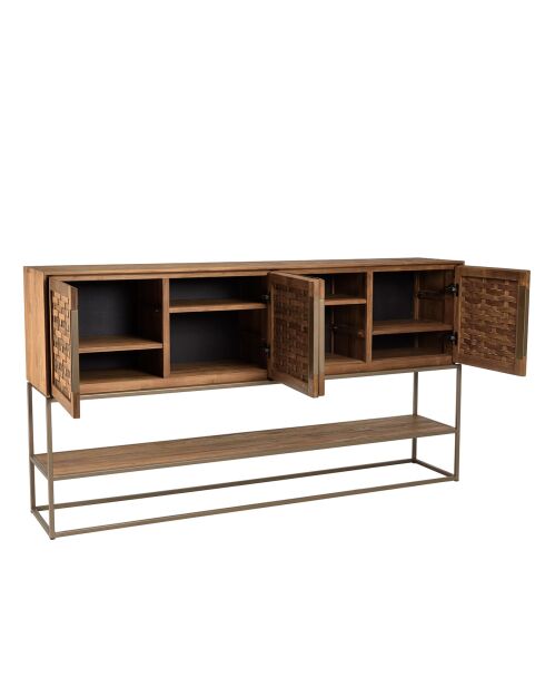 Buffet en bois de teck recyclé 4 portes en tissage de bambou Sixtine bois - 205.5x40x110.7 cm