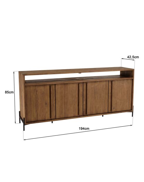 Buffet 4 portes 2 niches en bois de teck recyclé Sixtine bois - 194x42.5x85 cm