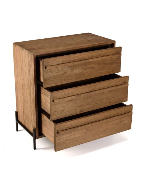 Commode 3 tiroirs en bois de teck recyclé pieds en métal noir Sixtine bois - 84x42.5x85.5 cm