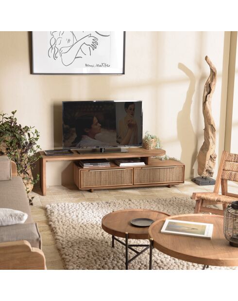 Meuble TV modulable 2 tiroirs en bois teck recyclé Sixtine bois - 140x40x40.5 cm